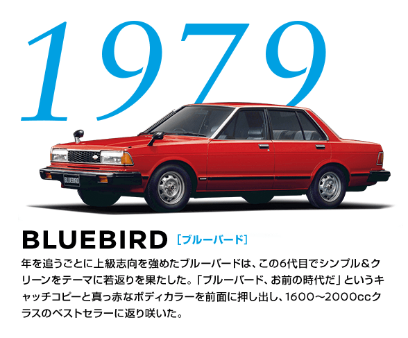 1979 BLUEBIRD[u[o[h] NǂƂɏ㋉u߂u[o[h́A6ڂŃVvN[e[}ɎԂʂBuu[o[hAO̎ゾvƂLb`Rs[Ɛ^Ԃȃ{fBJ[OʂɉoA1600`2000ccNX̃xXgZ[ɕԂ炢B